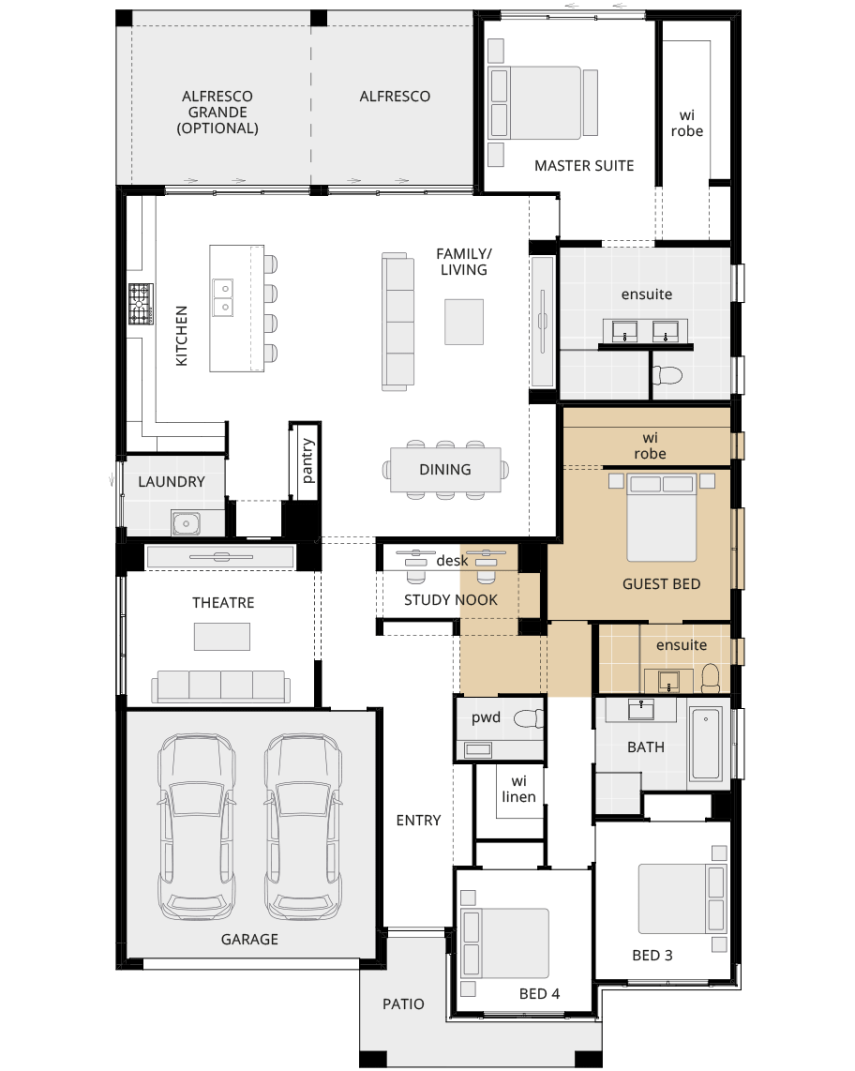 single storey home design miami exectuive floorplan option guest bed lhs