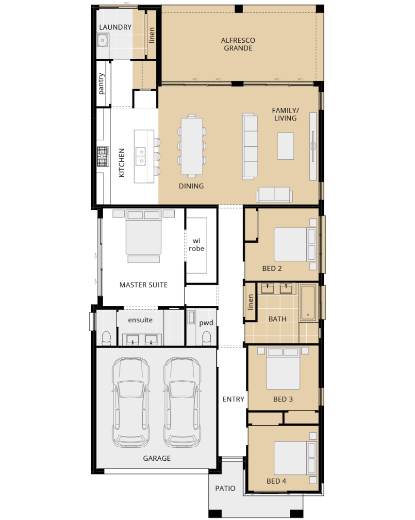 single storey home design santa fe encore option floorplan alfresco grande to rear lhs