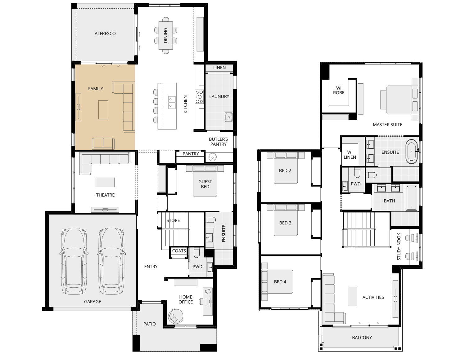 Allora 40 One - Option floorplan raked ceiling to family rhs two storey home design allora 40 one option floorplan raked ceiling to family rhs