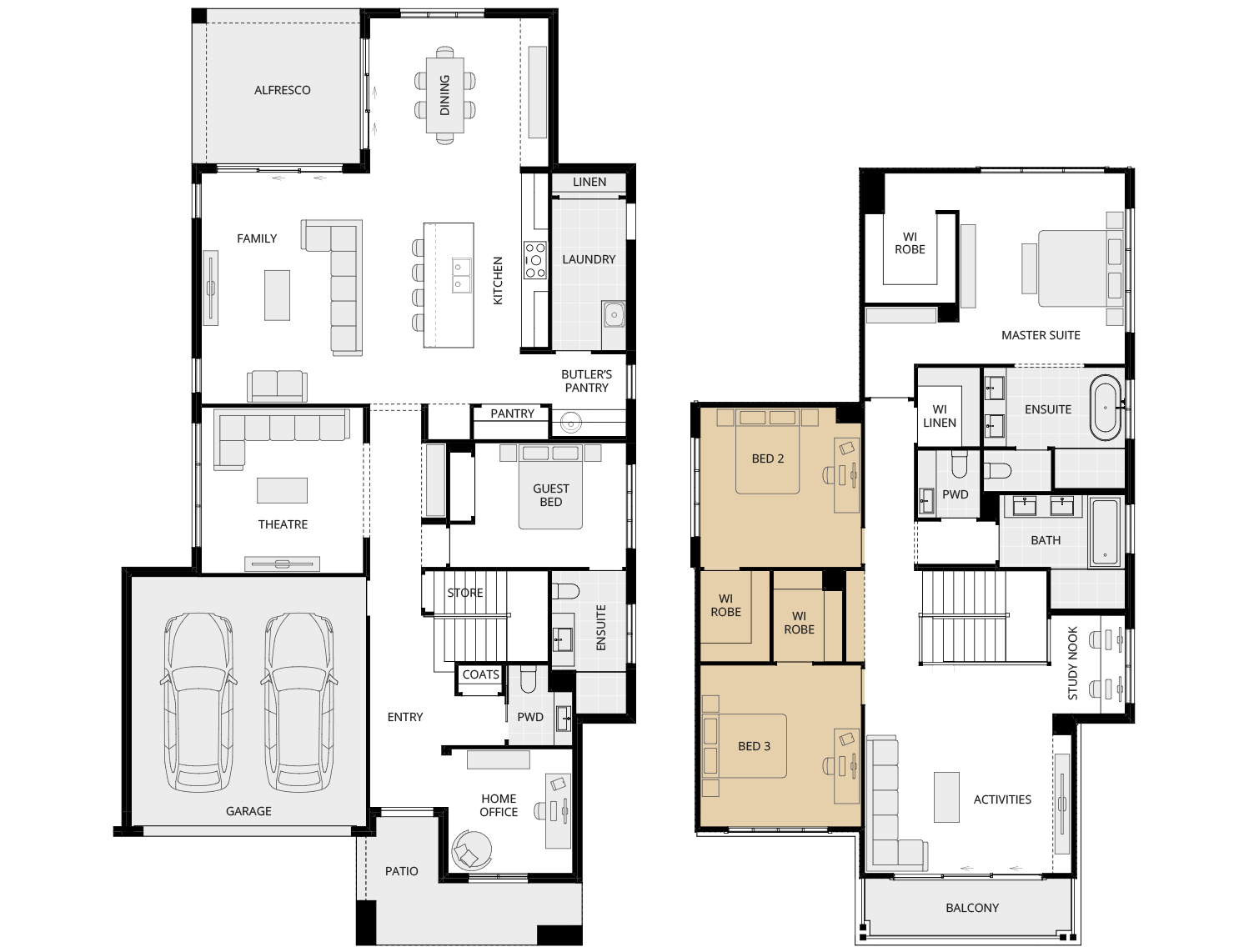 Allora 40 One - Option floorplan WIR to bed 2 and 3 ILO fourth bed rhs two storey home design allora 40 one option floorplan WIR to bed 2 and 3 ILO fourth bed rhs