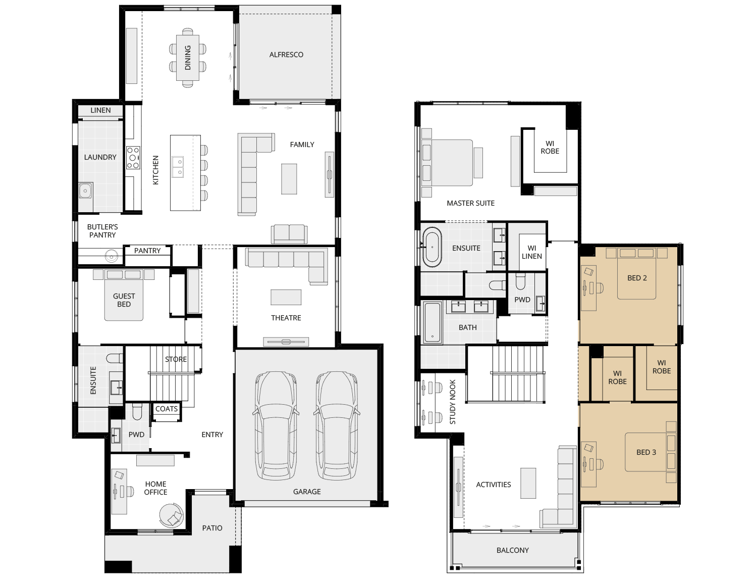 Allora 40 One - Option floorplan WIR to bed 2 and 3 ILO fourth bed rhs two storey home design allora 40 one option floorplan WIR to bed 2 and 3 ILO fourth bed rhs