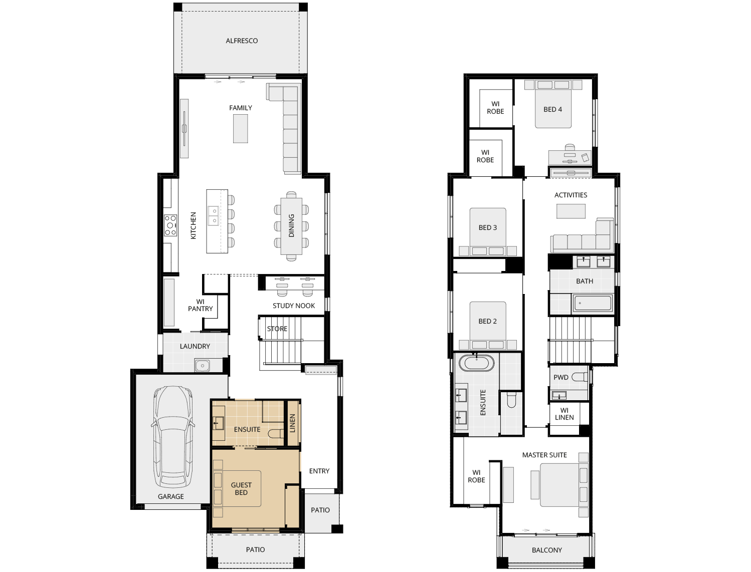 two storey home design aria 31 one option floorplan guest bed and ensuite ilo theatre rhs