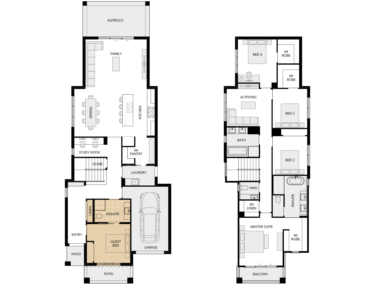 two storey home design aria 31 one option floorplan guest bed and ensuite ilo theatre rhs