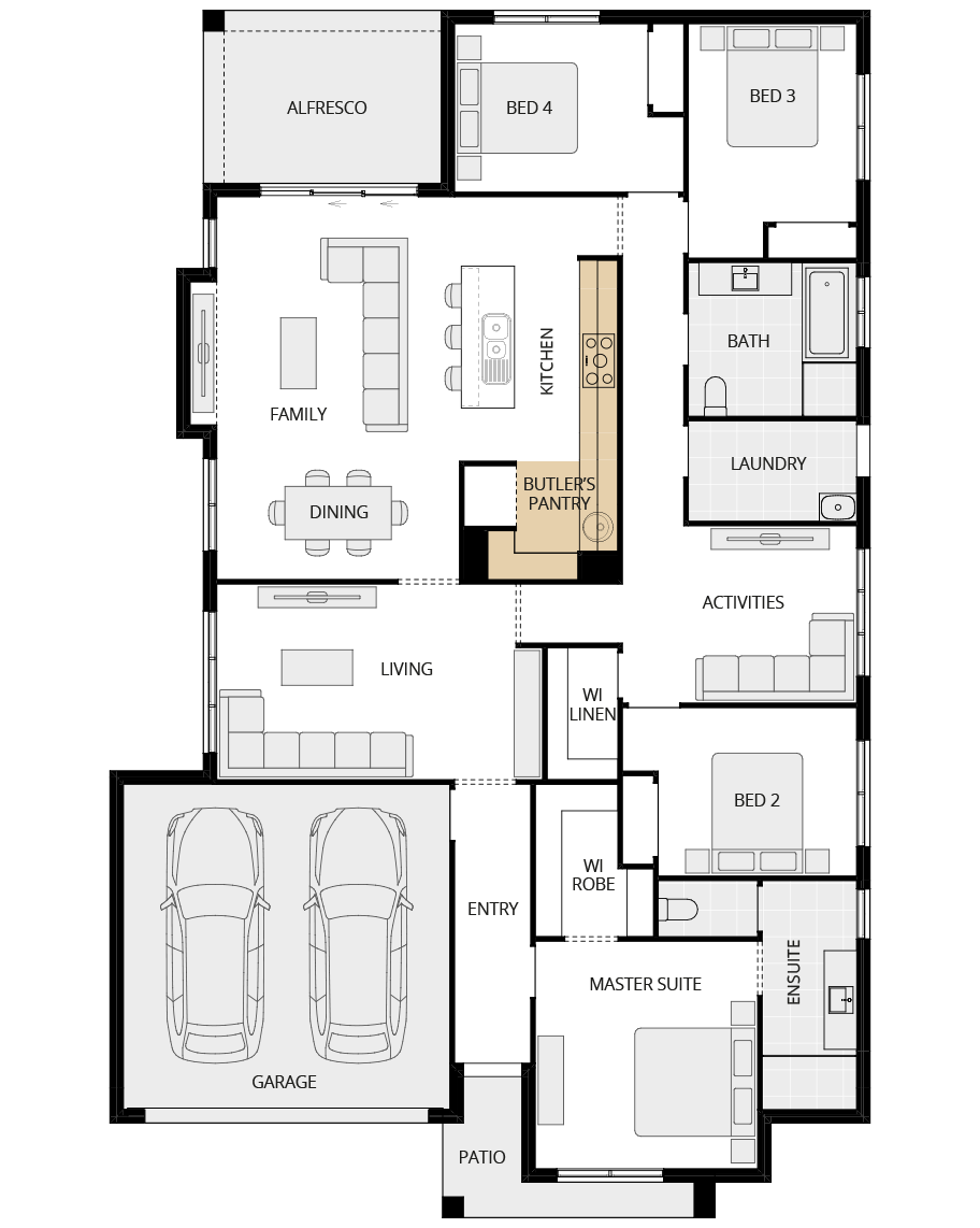 single storey home design essence amalfi option floorplan butler's pantry rhs