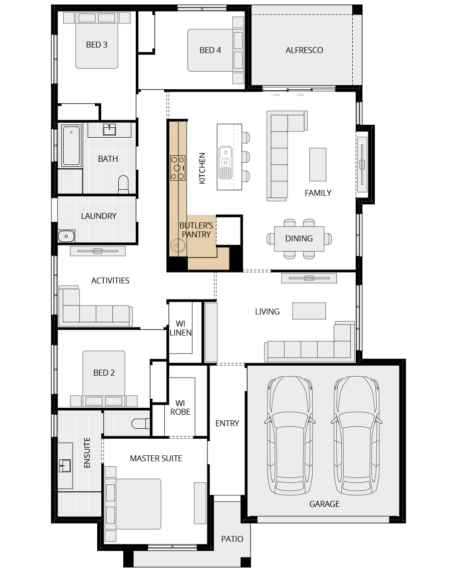 single storey home design essence amalfi option floorplan butler's pantry rhs