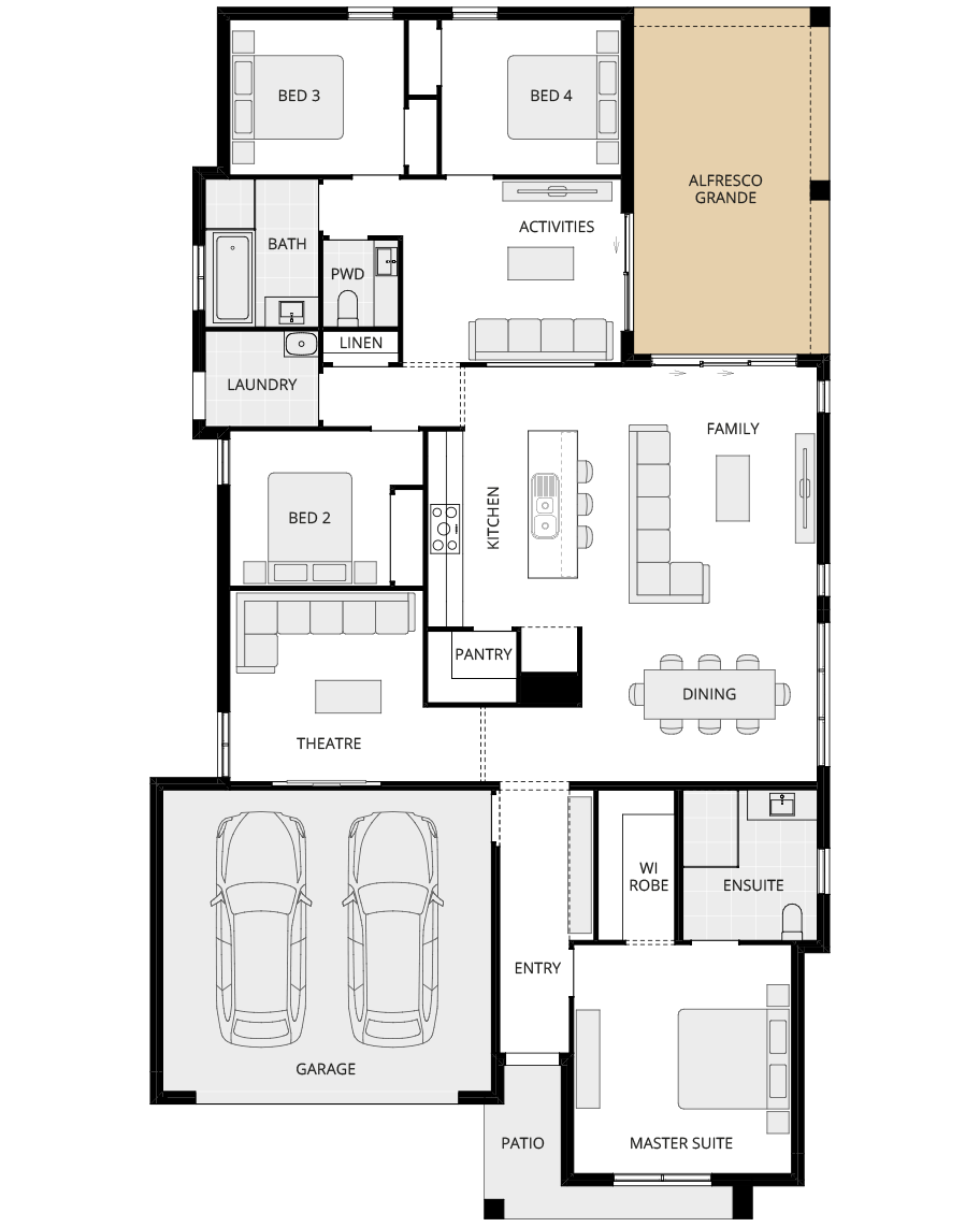single storey home design essence delorean one option floorplan alfresco grande rhs