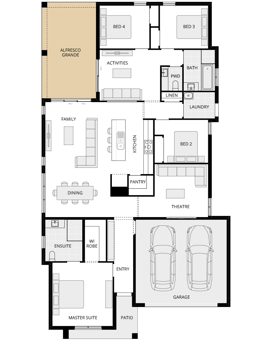 single storey home design essence delorean one option floorplan alfresco grande rhs
