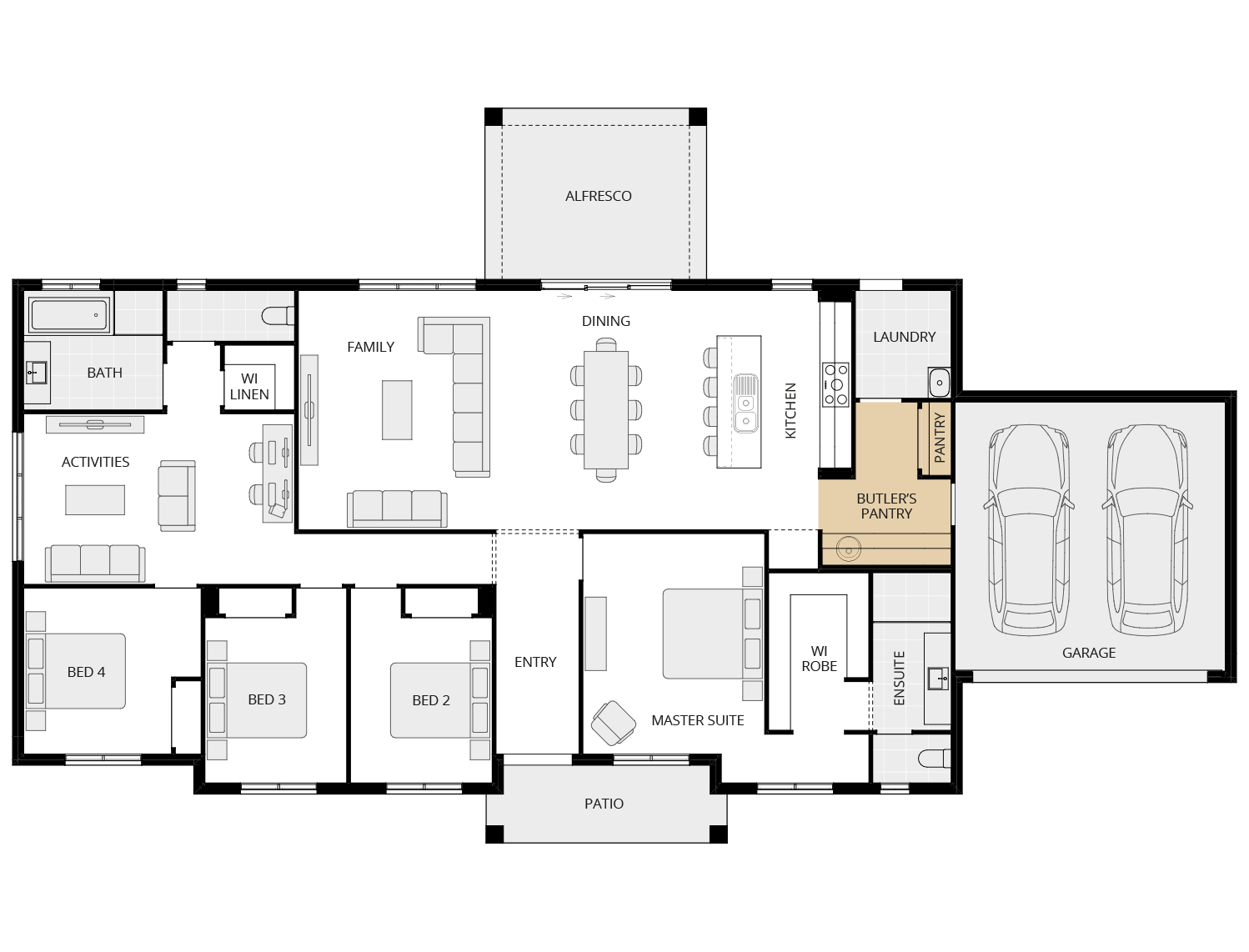 single storey acreage design essence evora one butler's pantry floorplan rhs