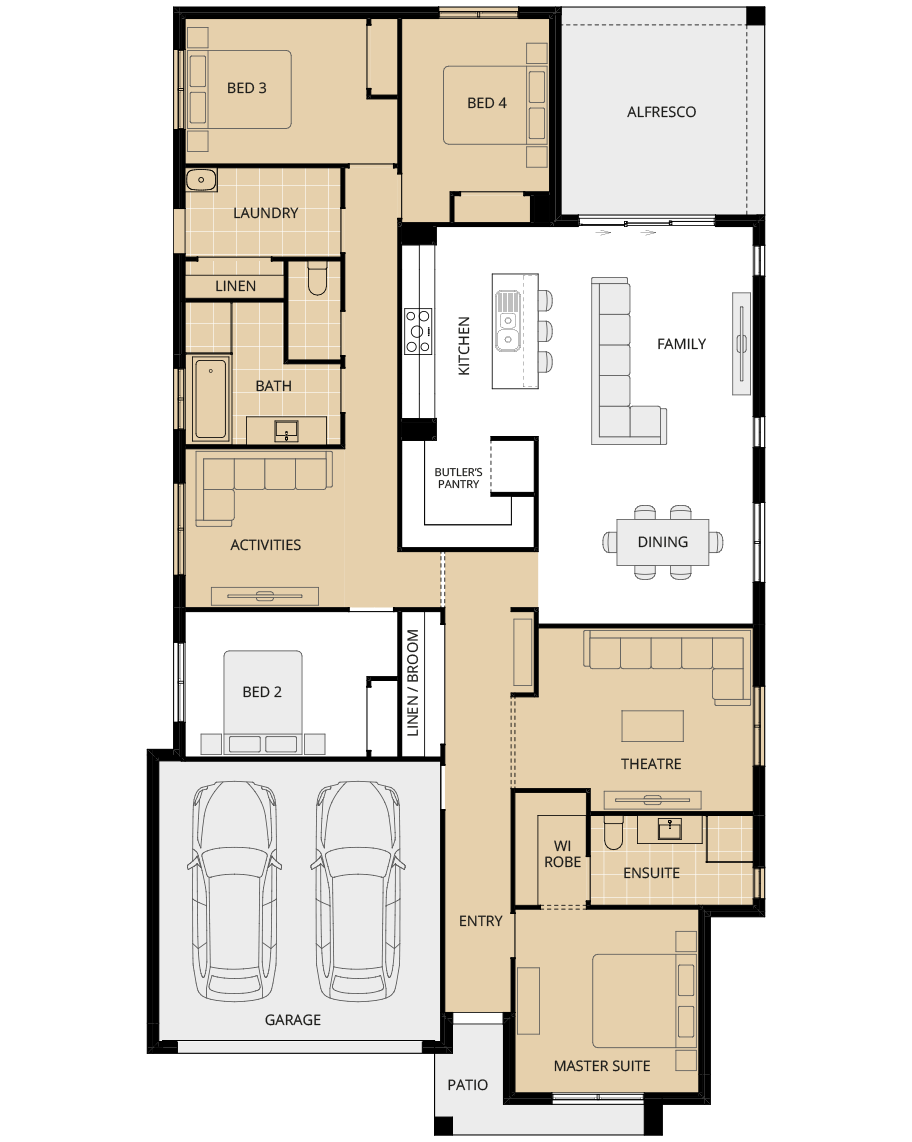 single storey home design essence ibiza three option floorplan fron master rhs