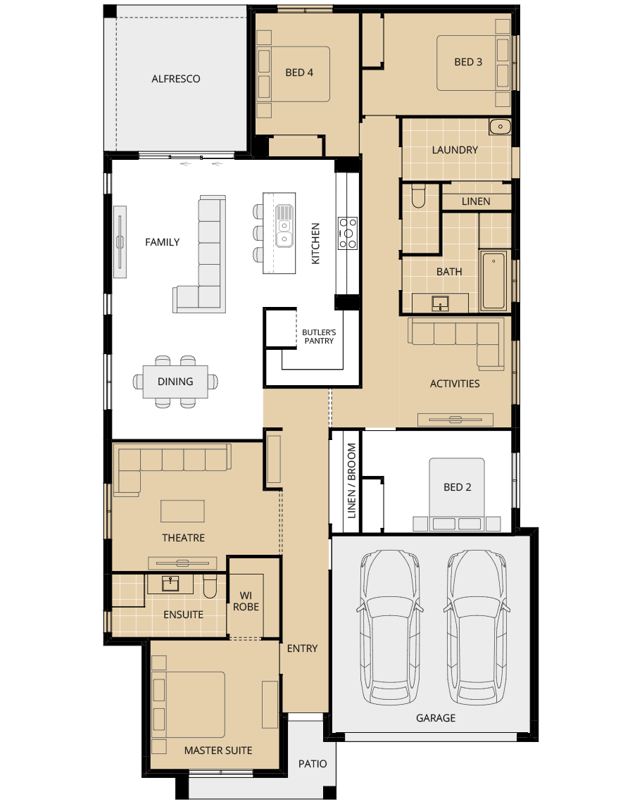 single storey home design essence ibiza three option floorplan fron master rhs
