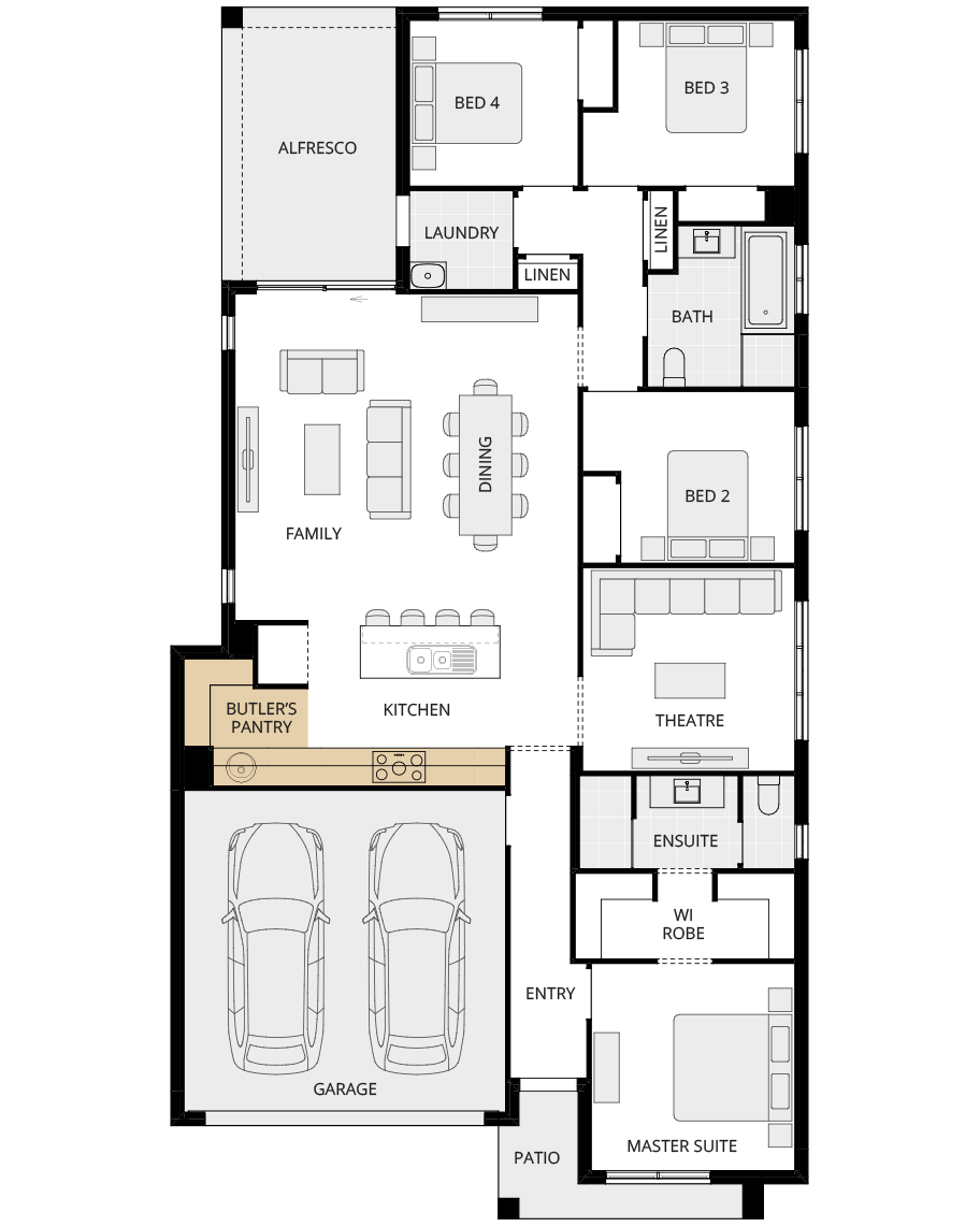 single storey home design essence lucia three option floorplan butlers pantry rhs