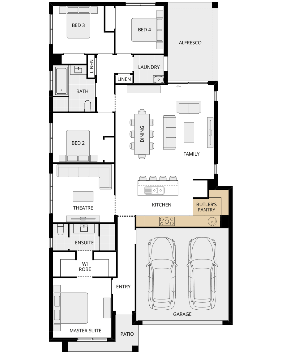 single storey home design essence lucia three option floorplan butlers pantry rhs