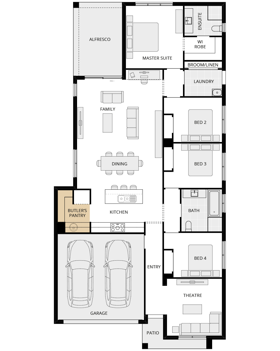 single storey home design essence mallorca option floorplan butlers pantry rhs