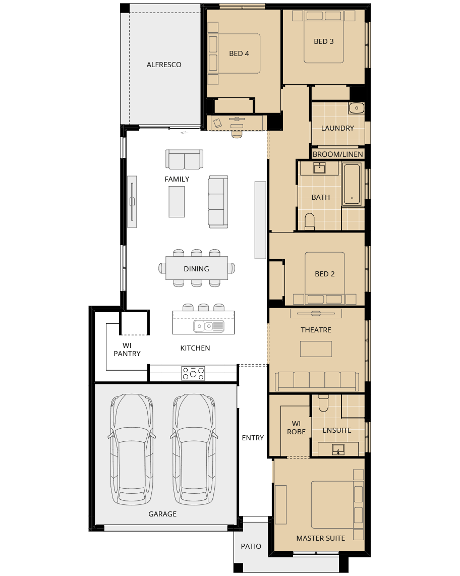 single storey home design essence mallorca option floorplan master to front rhs