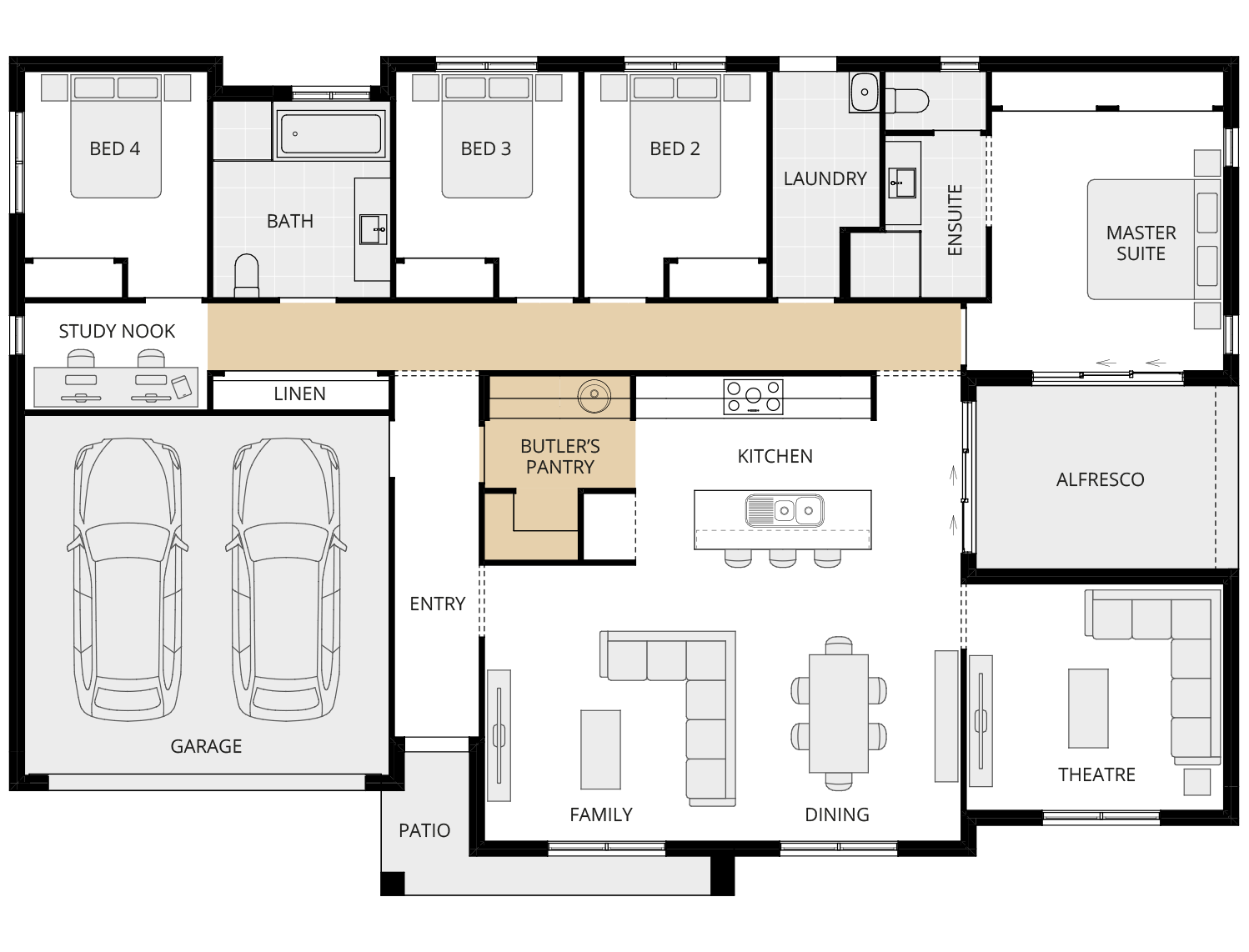 single storey home design essence montillo one option floorplan butlers pantry rhs