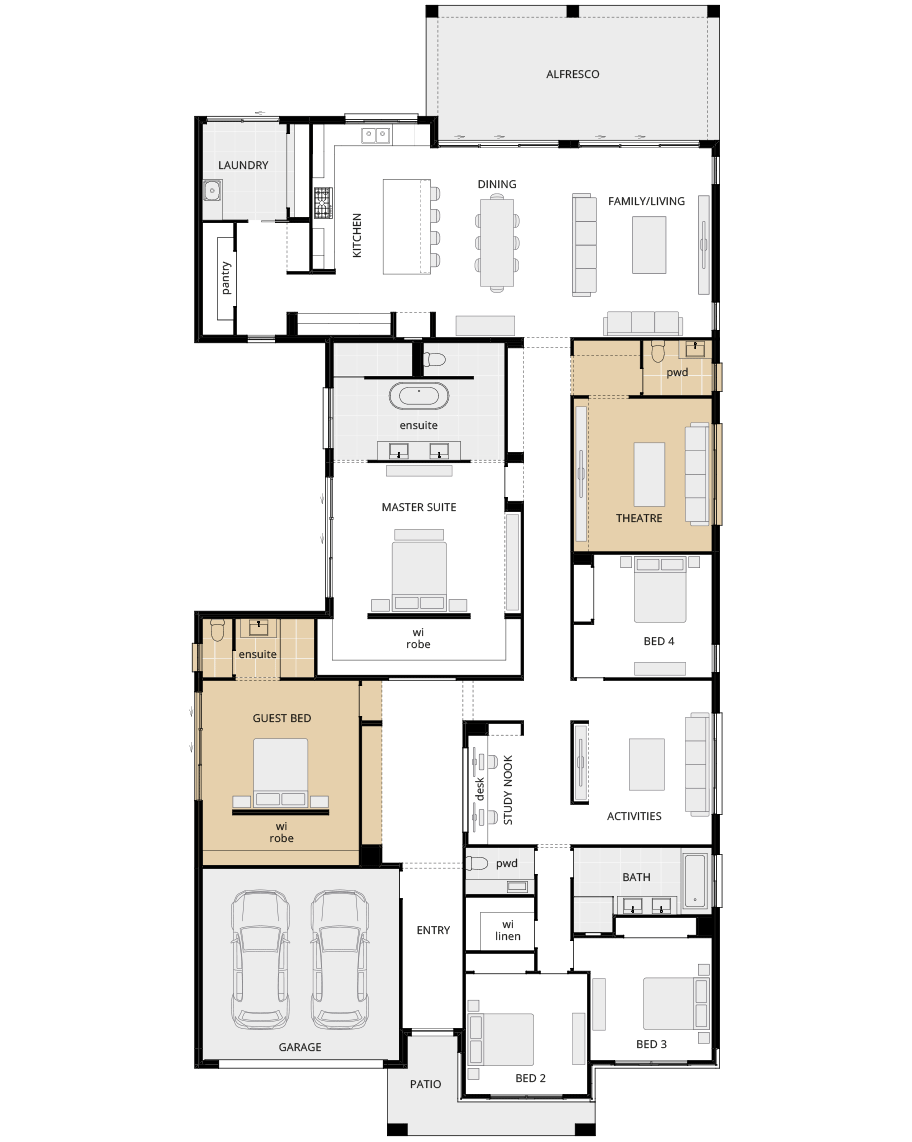 Anchorage Manor - Option grand guest bed and relocated theatre floorplan single storey home design anchorage manor floorplan option grand guest bed rhs