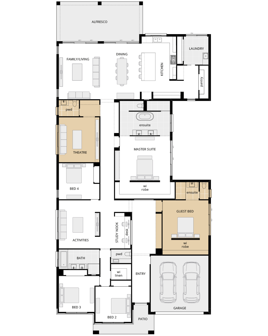 Anchorage Manor - Option grand guest bed and relocated theatre floorplan single storey home design anchorage manor floorplan option grand guest bed rhs