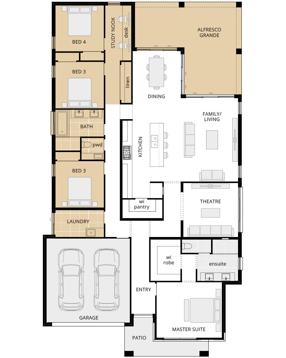 single storey home design avalon encore floorplan option alfresco grande and study nook in lieu of activities rhs