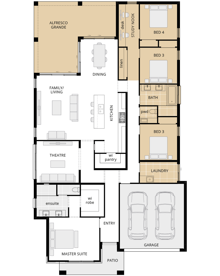 single storey home design avalon encore floorplan option alfresco grande and study nook in lieu of activities rhs