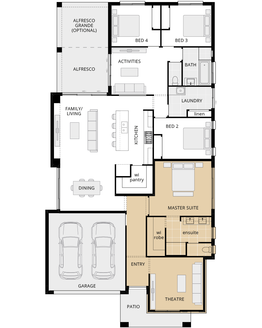 single storey home design havana encore option floorplan front theatre rhs