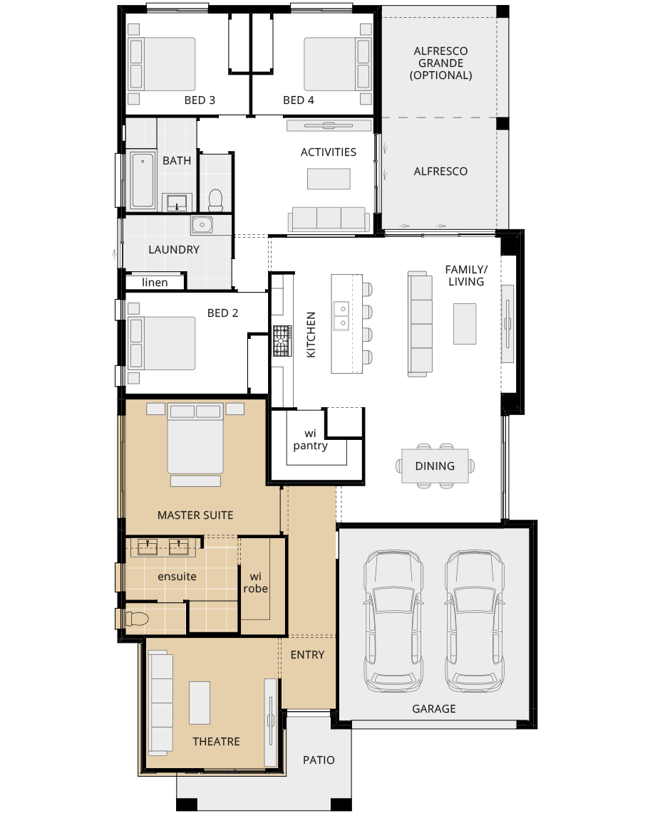 single storey home design havana encore option floorplan front theatre rhs