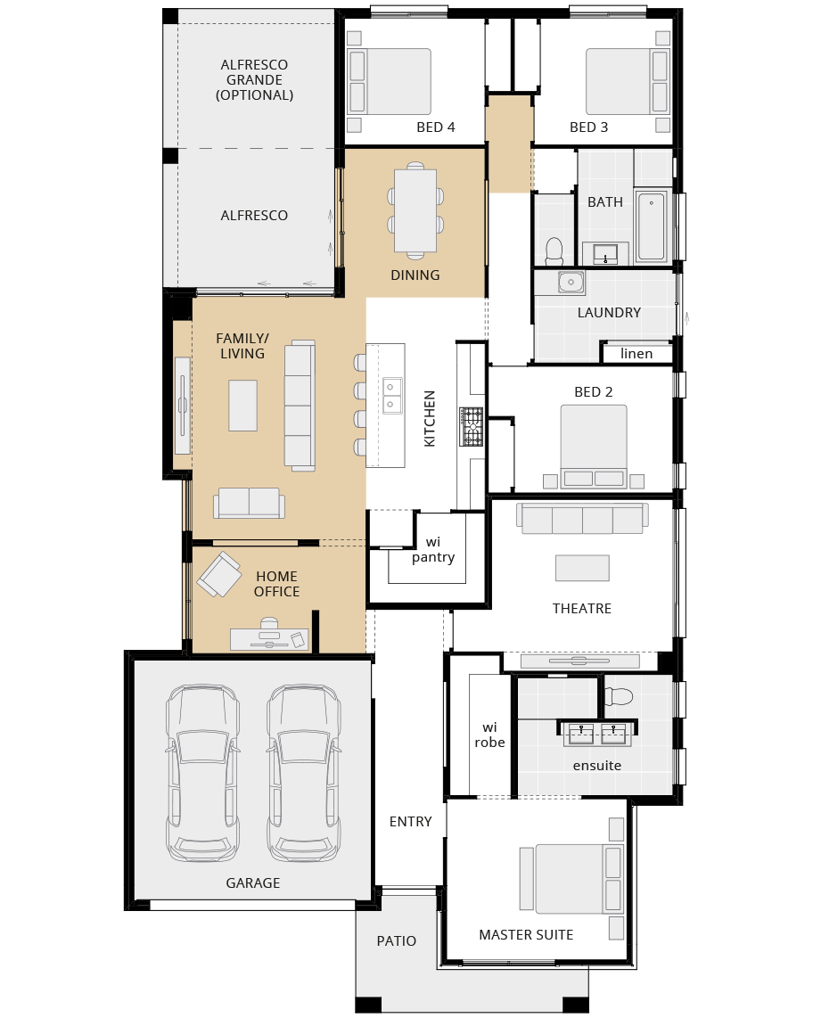 single storey home design havana executive option floorplan relocated dining and home office layout  rhs