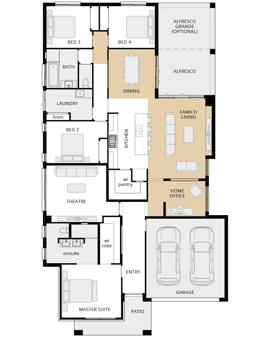 single storey home design havana executive option floorplan relocated dining and home office layout  rhs