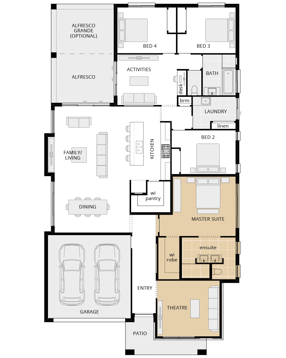 single storey home design havana grande option floorplan front theatre rhs