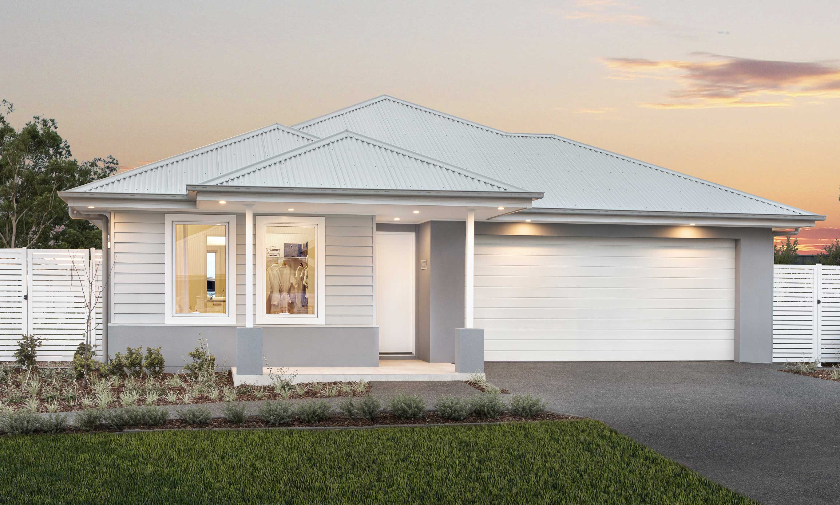 Single-storey home facade of the Lucia, from our NOW Series, on display at Huntlee perfect for first home buyers  