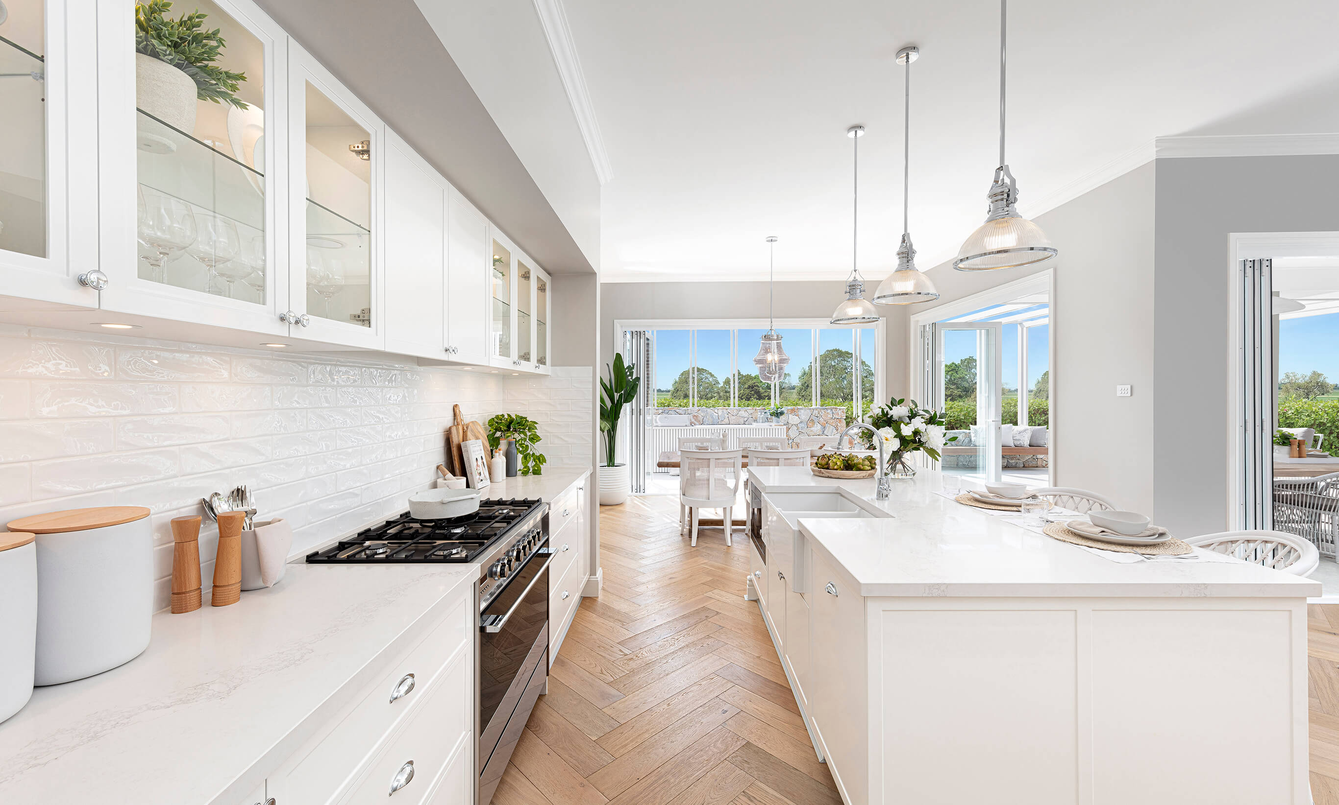 Beautiful classically inspired coastal styled kitchen in the San Marino Manor on display at Moonee Beach on the mid-north coast.