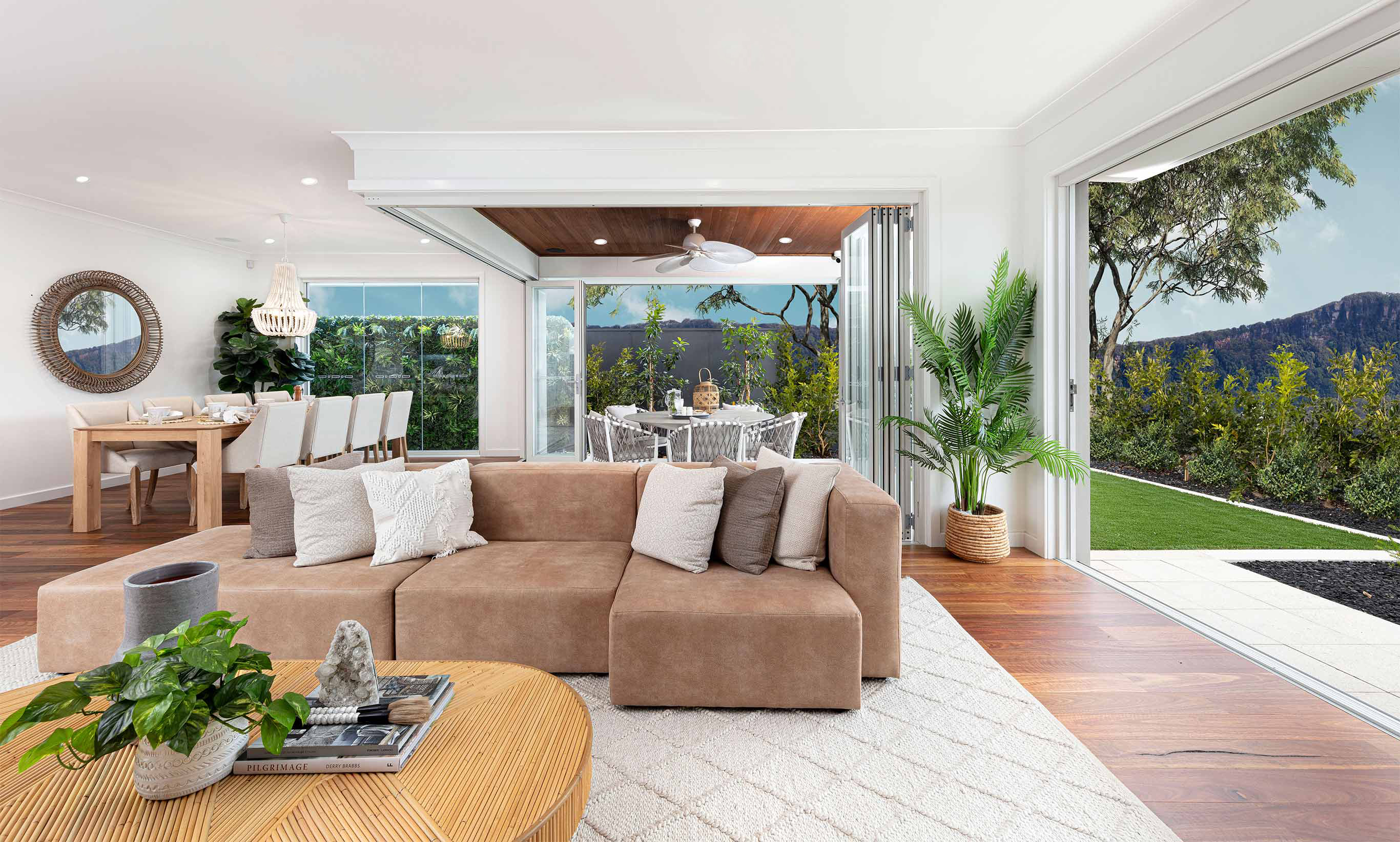 Global bohemian styling features numerous natural colours and materials creating a comforty and casual home such as this beautiful open plan Santa Monica on display at Wongawilli.