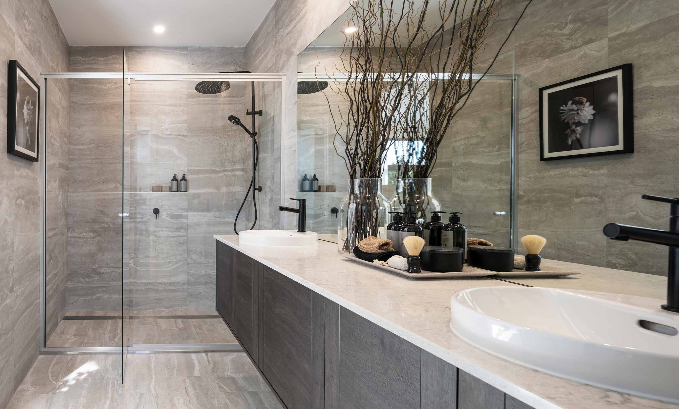 Organic styled Bathroom within the new Seaview display home by McDonald Jones at Waterford Living