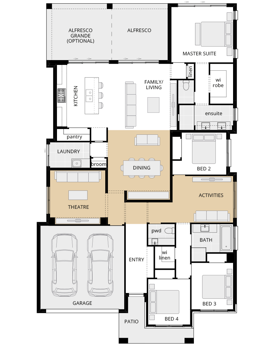 single storey home design miami classic floorplan option larger family and dining rhs