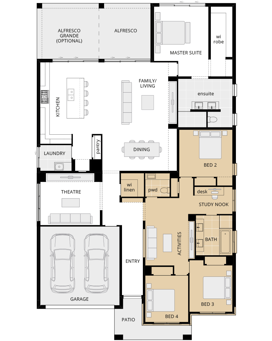 single storey home design miami executive floorplan option alternate activities and study nook rhs