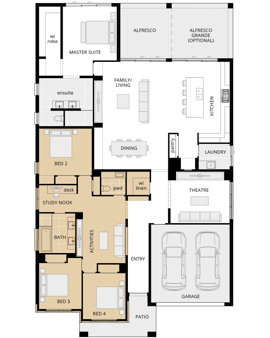 single storey home design miami executive floorplan option alternate activities and study nook rhs