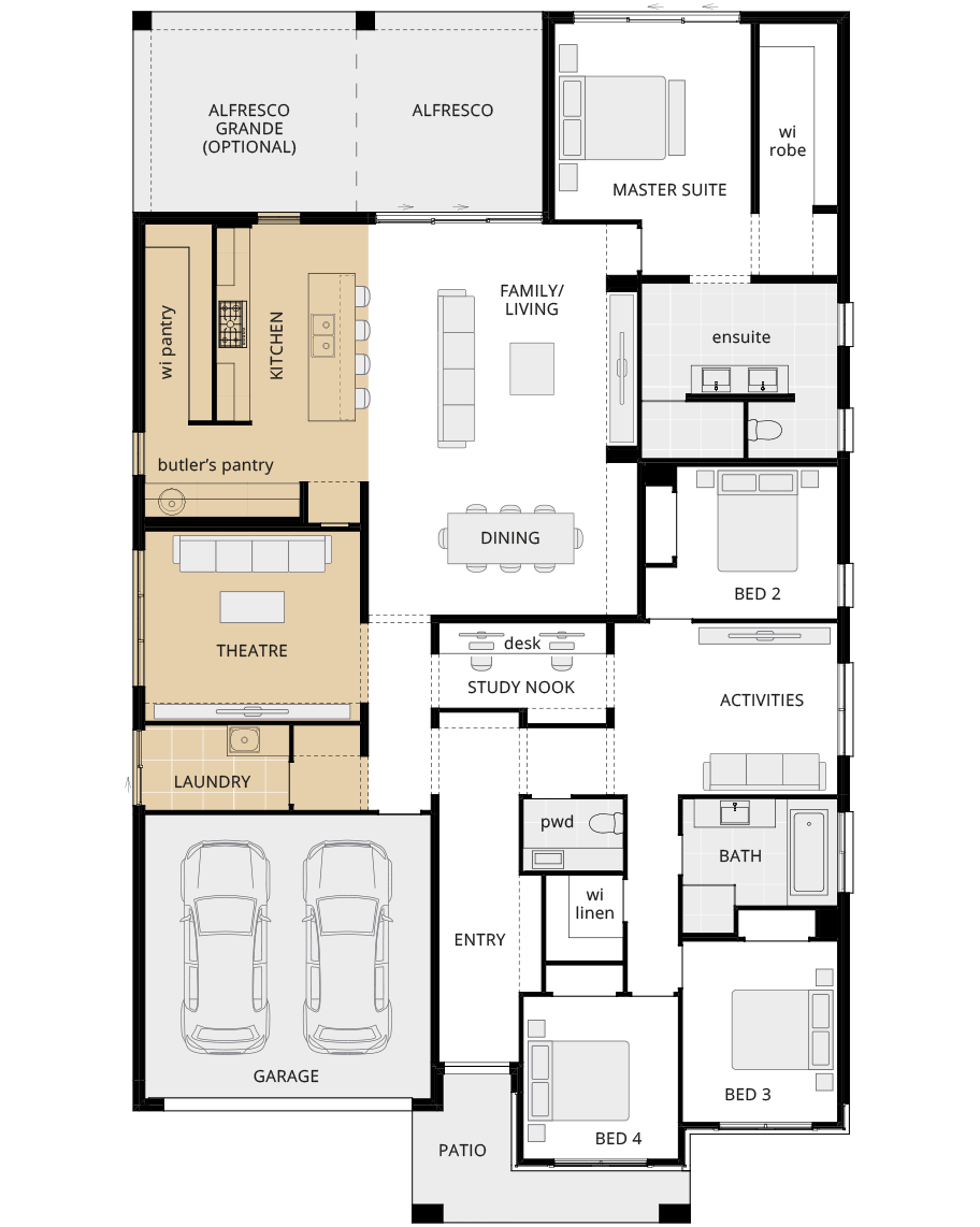 single storey home design miami executive floorplan option kitchen and theatre lhs