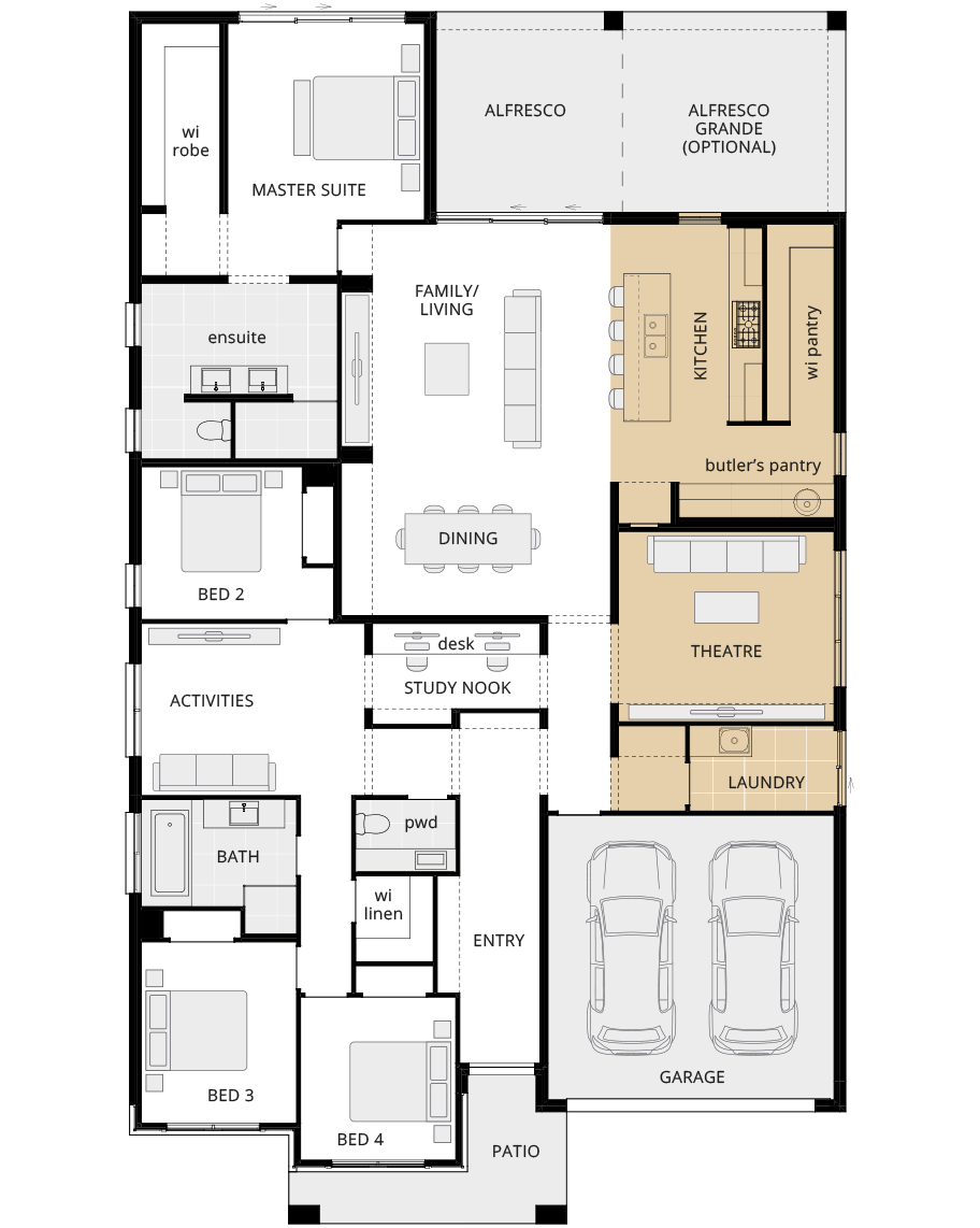 single storey home design miami executive floorplan option kitchen and theatre lhs