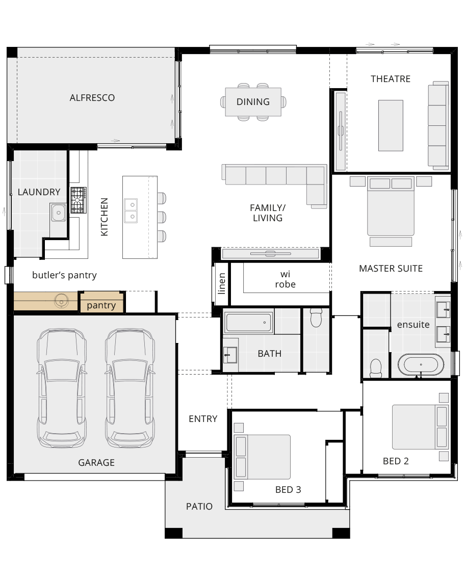 single storey home design parkway classic option floorplan butlers pantry ILO larger pantry and broom rhs