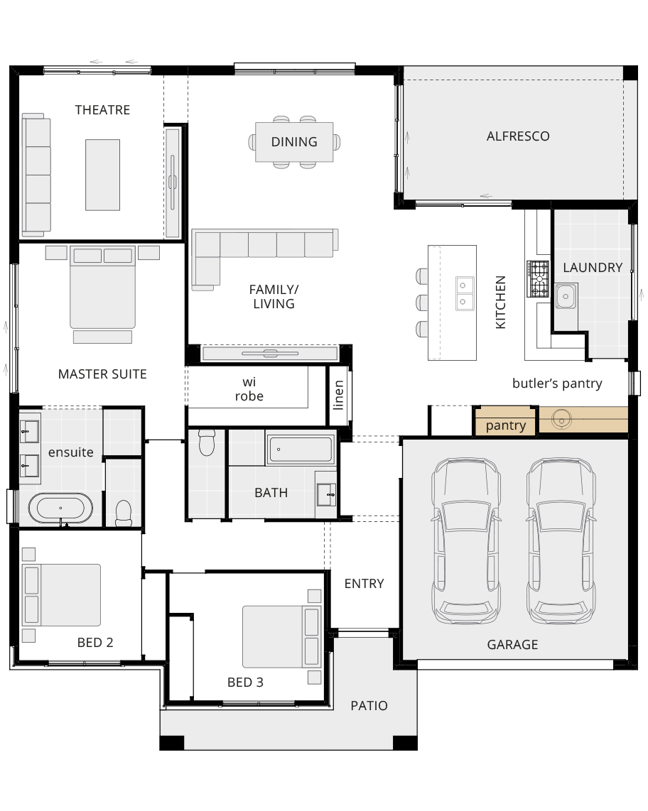 single storey home design parkway classic option floorplan butlers pantry ILO larger pantry and broom rhs