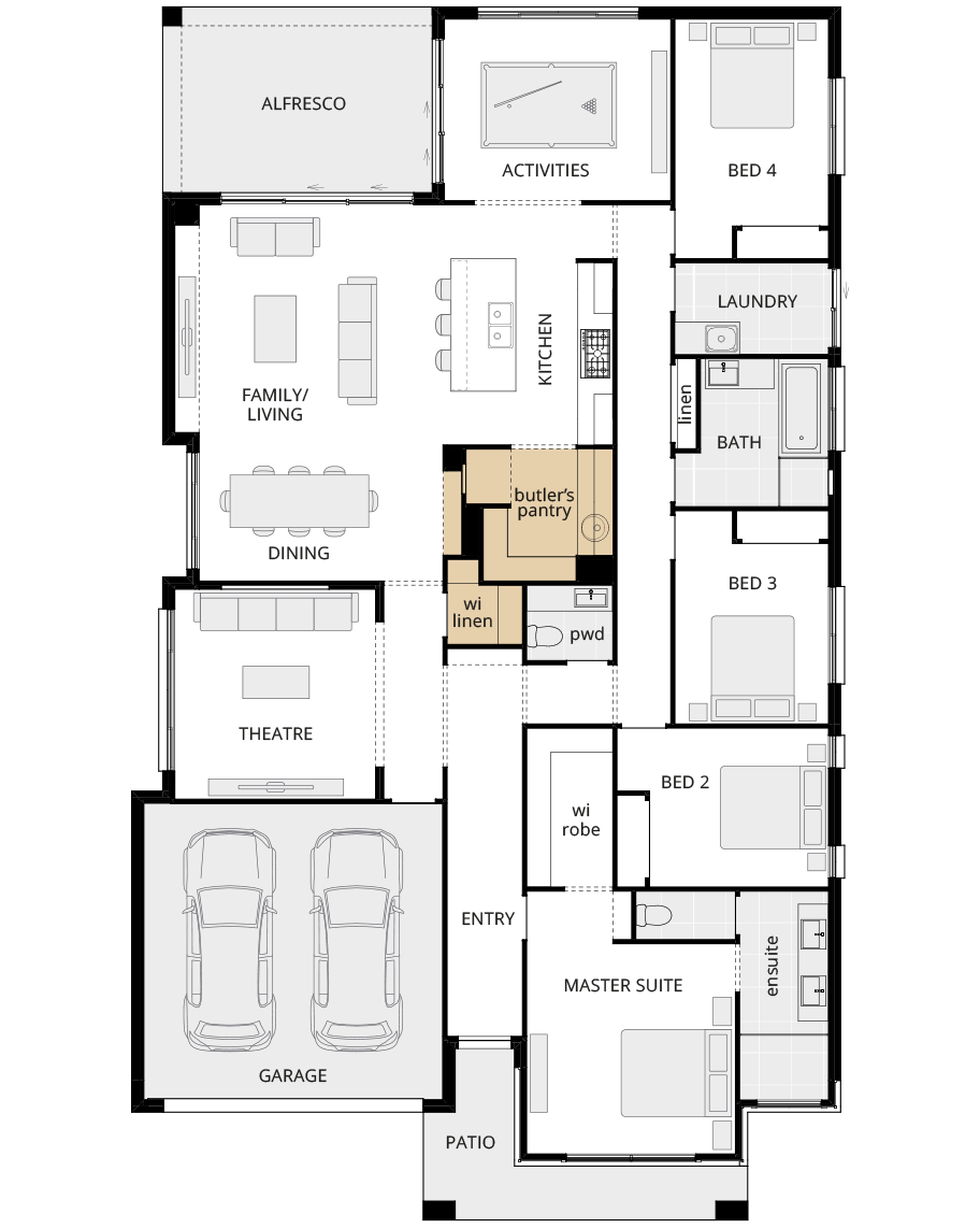 single storey home design retreat classic floorplan butlers pantry ILO study nook rhs