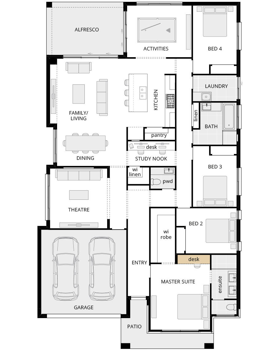 single storey home design retreat classic floorplan option desk to master rhs