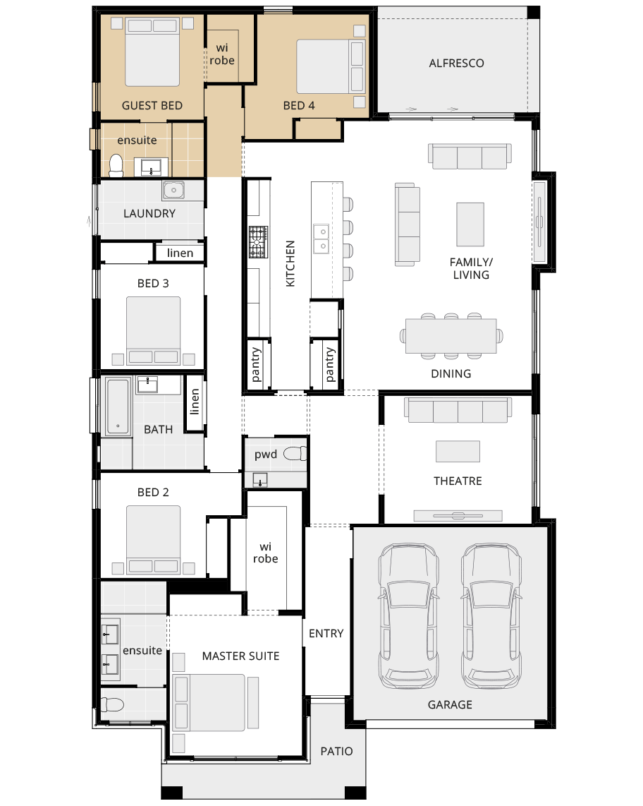 single storey home design retreat encore option floorplan guest bedroom rhs