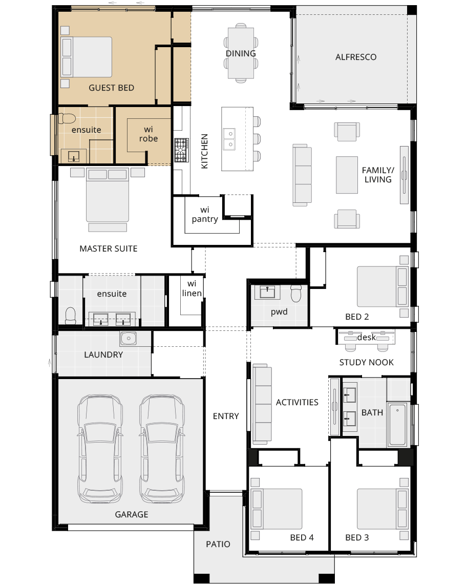 single storey home design san marino floorplan guest bedroom ILO theatre rhs