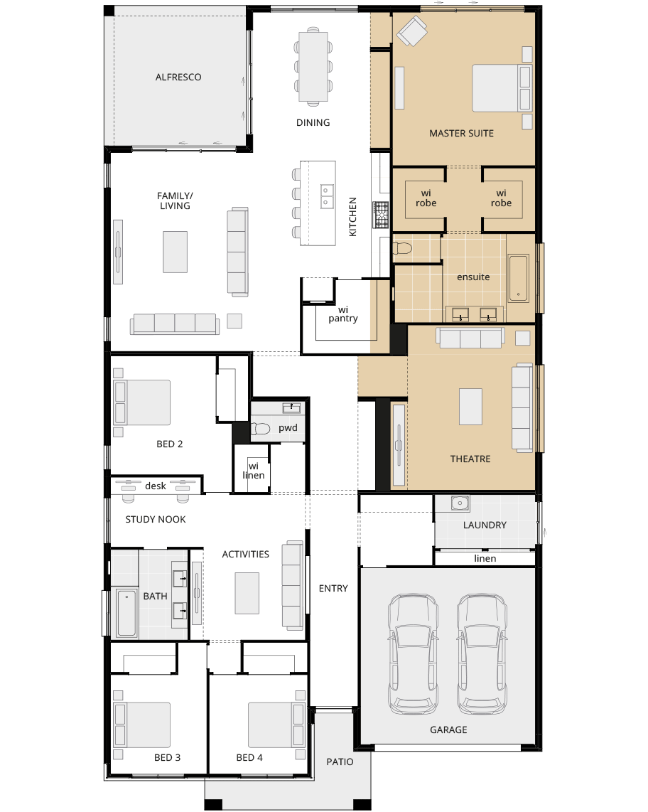 single storey home design san marino manor option floorplan mirrored master suite wing rhs