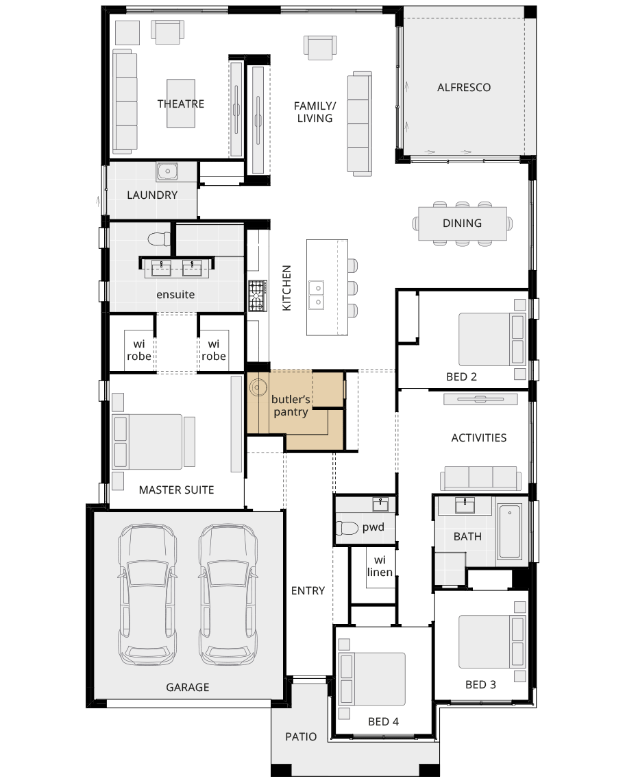 single storey home design santa monica encore option floorplan butler's pantry rhs