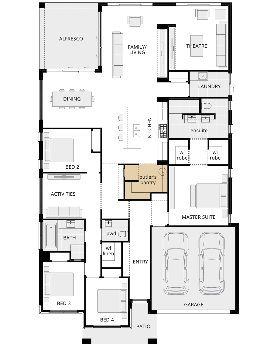 single storey home design santa monica encore option floorplan butler's pantry rhs