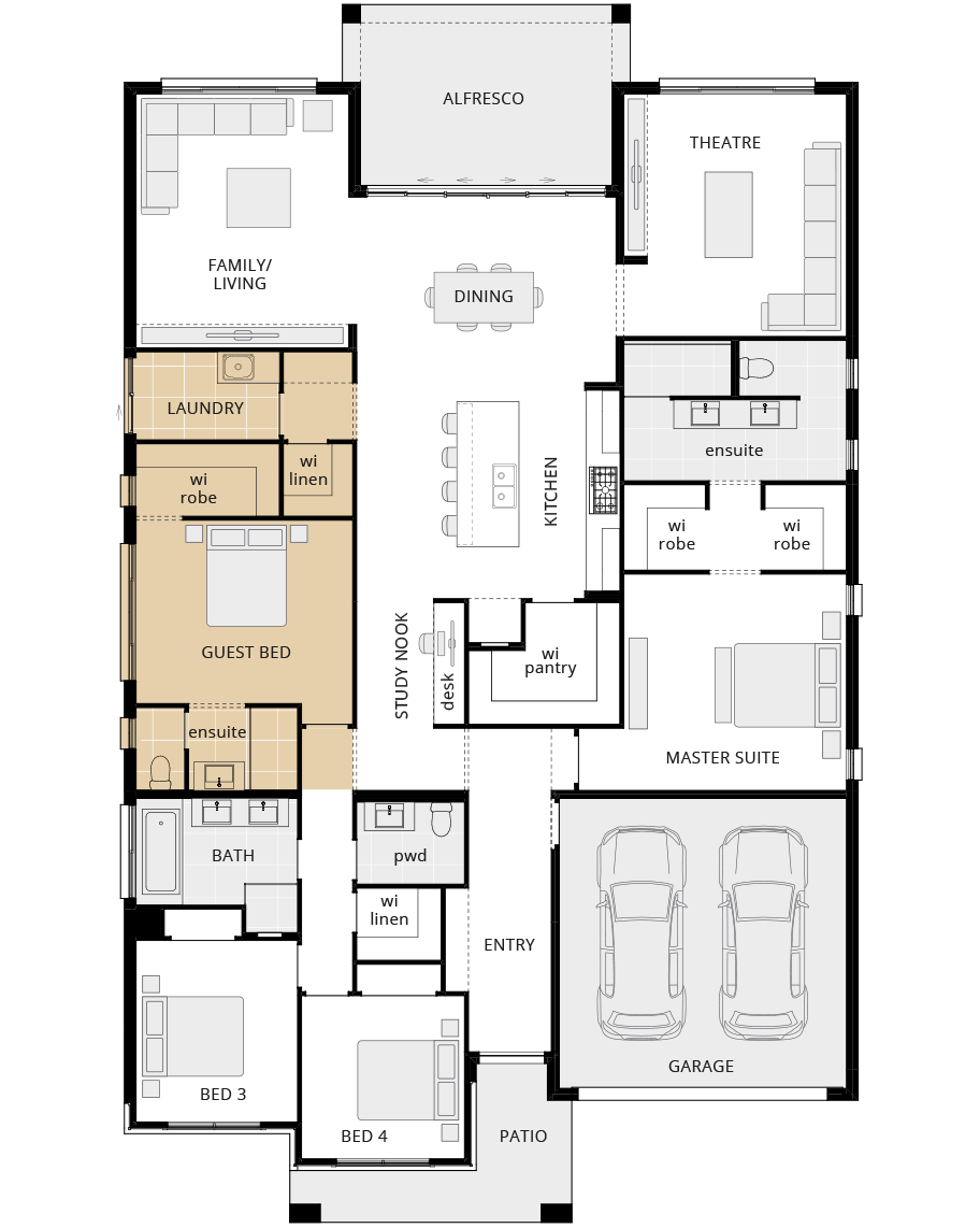 single story home design seaside executive floorplan option guest bed in lieu of activities rhs