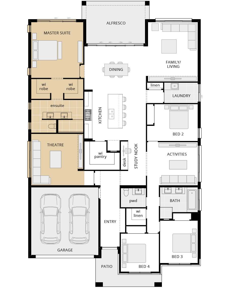 single story home design seaside executive floorplan option mirrored master suite rhs