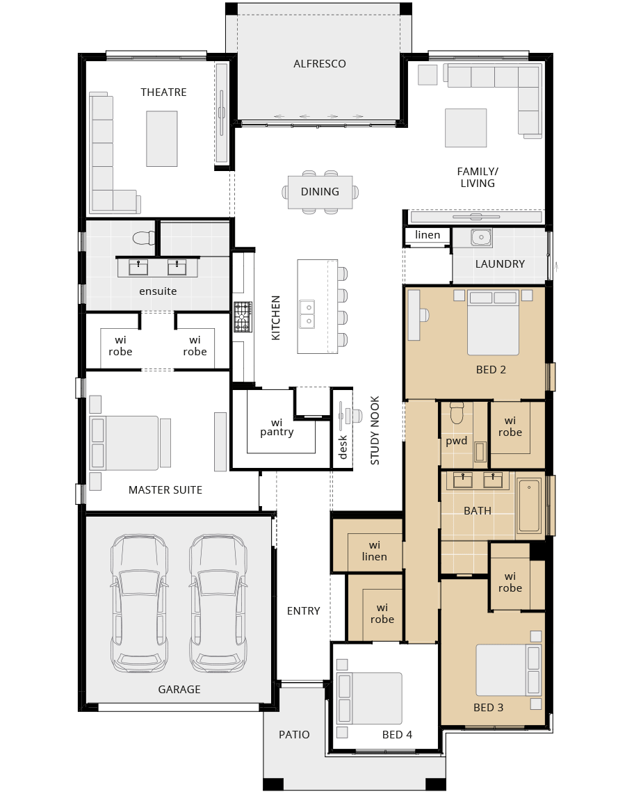 single storey home design seaside executive option floorplan Seaside Executive - Option floorplan walk-in robes to bedrooms 2, 3 and 4 rhs rhs