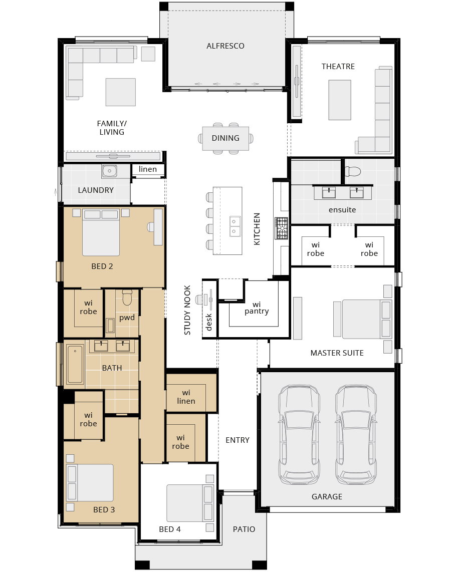 single storey home design seaside executive option floorplan Seaside Executive - Option floorplan walk-in robes to bedrooms 2, 3 and 4 rhs rhs